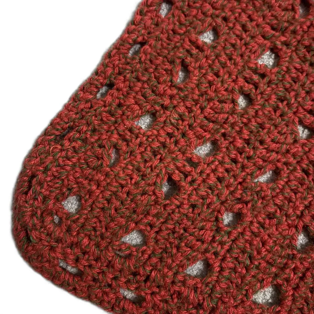 Vtg Christmas Afghan Red hint of Green Handmade open lacy stitch 59 x 43 inches